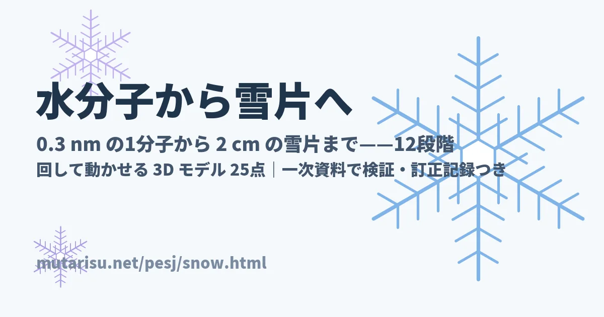 水分子から雪片までの12段階と3Dモデルを示す教材の代表画像